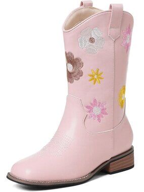 Girls Pink Mid Calf Chunky Low Heel  Floral Embroidered Square Toe Boot Shoes